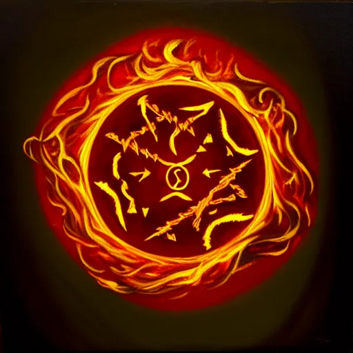 Image similar to dramatic chiaroscuro painting of an esoteric symbol, glowing with strange power. it is surrounded by a ring of flames, but remains untouched.