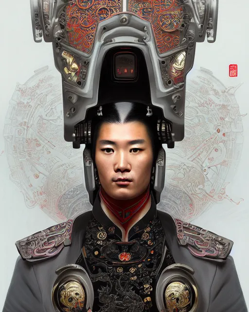 Image similar to portrait of a masculine male cyberpunk machine, machine face, upper half portrait, decorated with chinese opera motifs, asian, fine china, wuxia, traditional chinese art, intricate, elegant, highly detailed, symmetry, headpiece, digital painting, artstation concept art smooth sharp focus, illustration, art by artgerm and greg rutkowski alphonse mucha 8 k