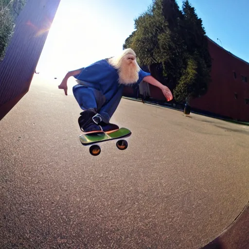 Prompt: Gandalf doing a kickflip, fisheye lens