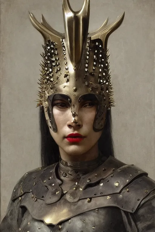 Prompt: portrait of a warrior woman, mulatto, crossbreed, metis very beautiful face, pleasant facial features, red lips, long gray hair, black closed velvet dress, leather armor, iron armor, white boots, alexander mcqueen clothes, gold mask with metal spikes on the face, very beautiful style, photorealism, bouguereau, edgard maxence