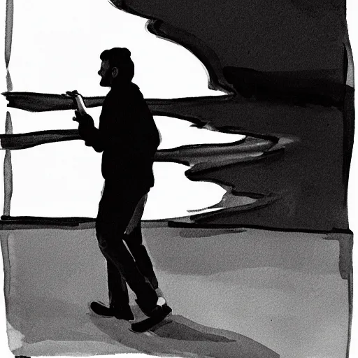 Image similar to ink and brush drawing of oscar isaac walking on the beach smoking, sunset