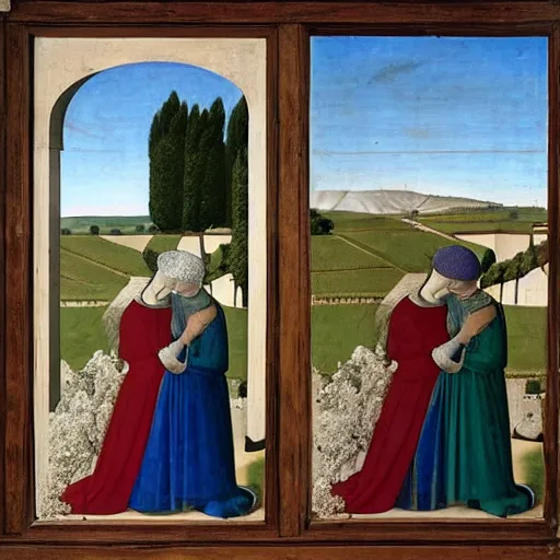 Image similar to a couple kissing, behind them is a window that shows a hilly landscape with vineyards, piero della francesca, 1 4 5 0