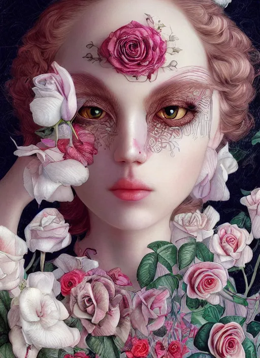 Image similar to white girl, cat eye, botanical, rose, portrait face, colorful, kupka, intricate, miles johnston, kuroda seiki, ozabu, godward, painterly, yoshitaka amano, moebius, miles johnston, louise zhang, james jean, mark ryden lowbrow pop surrealism art style