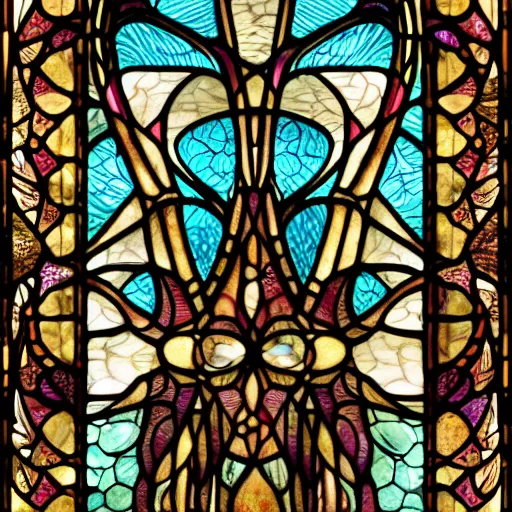 Prompt: stained glass window, insanely detailed, expressive gouache style, hyper realistic, digital art, fantasy, design with snake scales, fractal details. art nouveau design of stained glass window, octane render