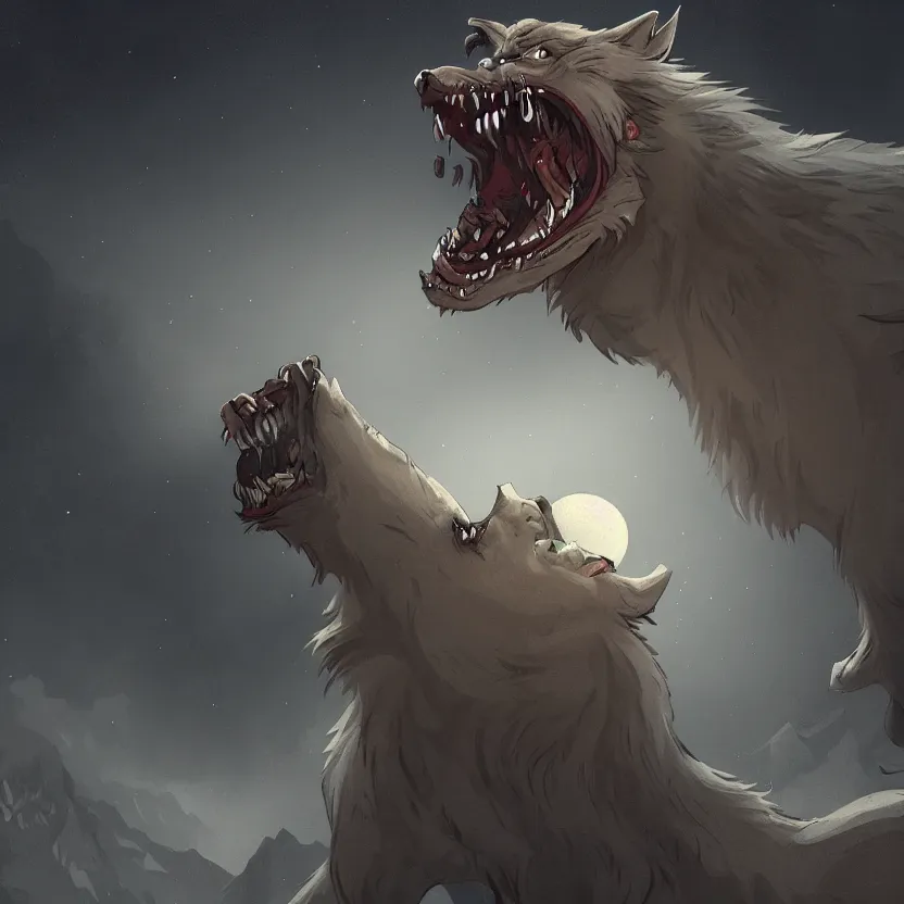 Image similar to a cartoony werewolf howling in a cliff at night, scary, eerie, artstation, digital art,