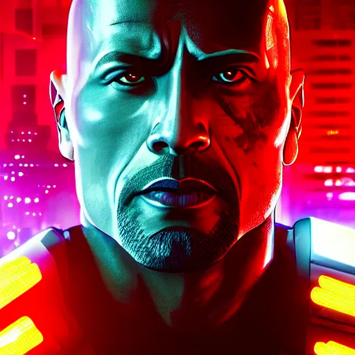 Prompt: dwayne johnson portrait, cyberpunk 2 0 7 7, cyberpunk v, johnny silverhand, photorealistic, ultra detailed, neon, octane, bokeh, cinematic lighting, cyber, cyberpunk city, studio quality, feature, scars, cyberface, 8 k