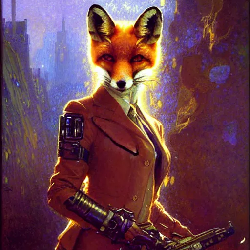 Prompt: portrait of a female fox in suit. shadowrun furaffiniy cyberpunk fantasy highly detailed painting by gaston bussiere craig mullins jc leyendecker gustav klimt artgerm greg rutkowski john berkey, bergey, craig mullins, ruan jia, raymond swanland, jeremy mann, tom lovell, alex malveda