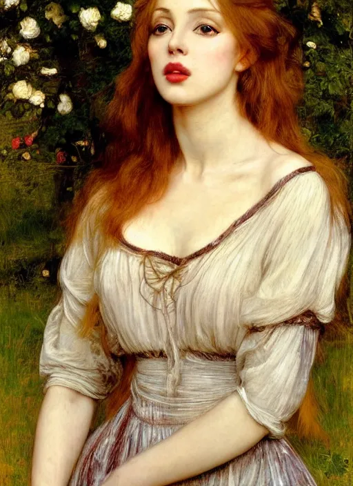 Image similar to a beautiful painting of young kylie minogue by John Everett Millais and Dante Gabriel Rossetti and John Collier and john william waterhouse, pre-raphaelite, detailed, trending on artstation, hd, masterpiece