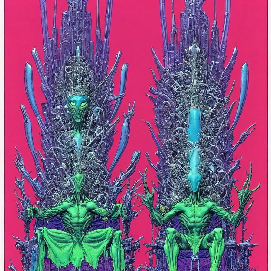 Image similar to ( ( ( ( an alien king sitting on a throne, with decorative frame design ) ) ) ) by mœbius!!!!!!!!!!!!!!!!!!!!!!!!!!!, overdetailed art, colorful, artistic record jacket design