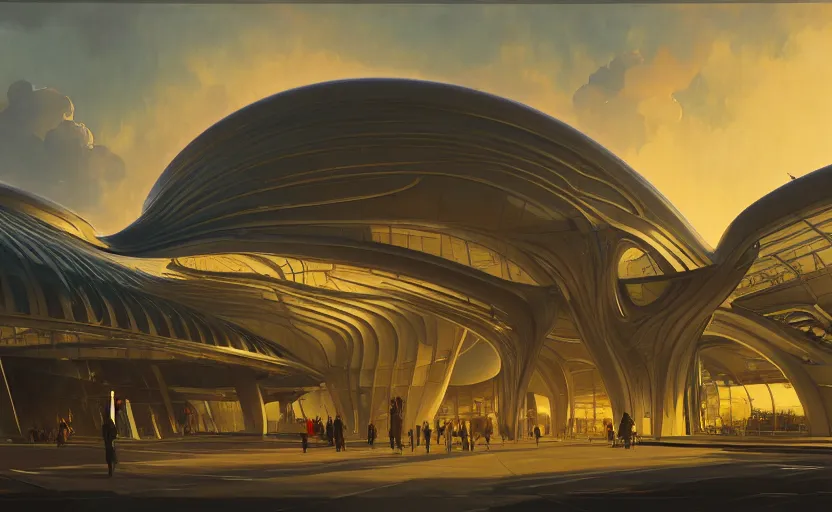 Image similar to exterior shot of utopian architecture airport with cinematic lighting by zaha hadid and renzo piano, darek zabrocki and greg ruthkowski, alphonse mucha, simon stalenhag, cinematic, holy place, paradise, scifi, futurism, atmospheric, sunset, concept art, artstation, trending on artstation