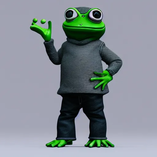 Image similar to perfectly accurate miniature figure of pepe the frog wearing jeans and a black leather jacket, soft textures, skin texture, clothing, 3d sculpture, textured, fine detail, lifelike, photo, high resolution, octane render, post processing, after effects, trending on artstation