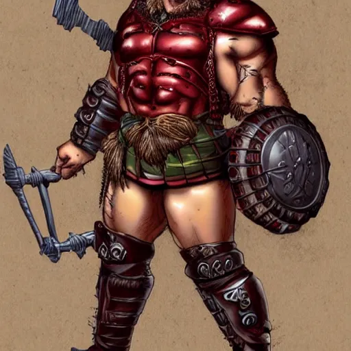 Image similar to bulky muscular scottish warrior with red hair and a kilt, tribal blood red war paintings on his chest, bronze plate armor, in the style of paul pelletier, artgerm