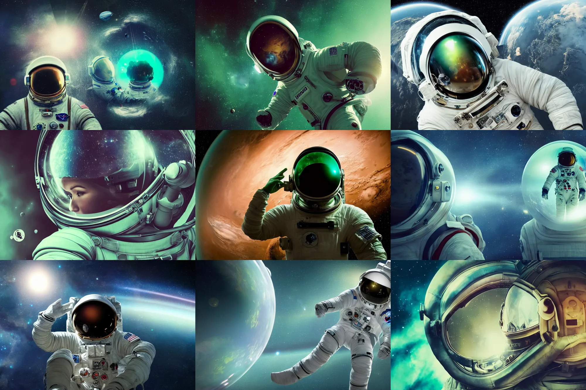 Prompt: a photograph of an astronaut floating in space with reflection of green planet visible on space helmet, science fiction, brilliant reflections, detailed space suit, cinematic, hypermaximalist, detailed, 4 k, 8 k, breathtaking stars, surrealism, distant, concept art, digital art, sharp focus, reflections, rtx, octane render, acid pixie, trending on deviantart