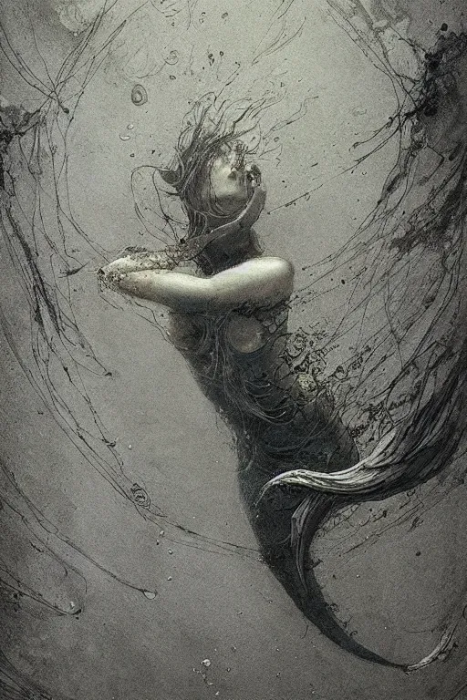 Image similar to mermaid underwater in an old apartment, Francisco Goya and Beksiński, intricate, elegant, highly detailed, digital painting, artstation, concept art, smooth, sharp focus, illustration, art by Takato Yamamoto and greg rutkowski and Francis Bacon