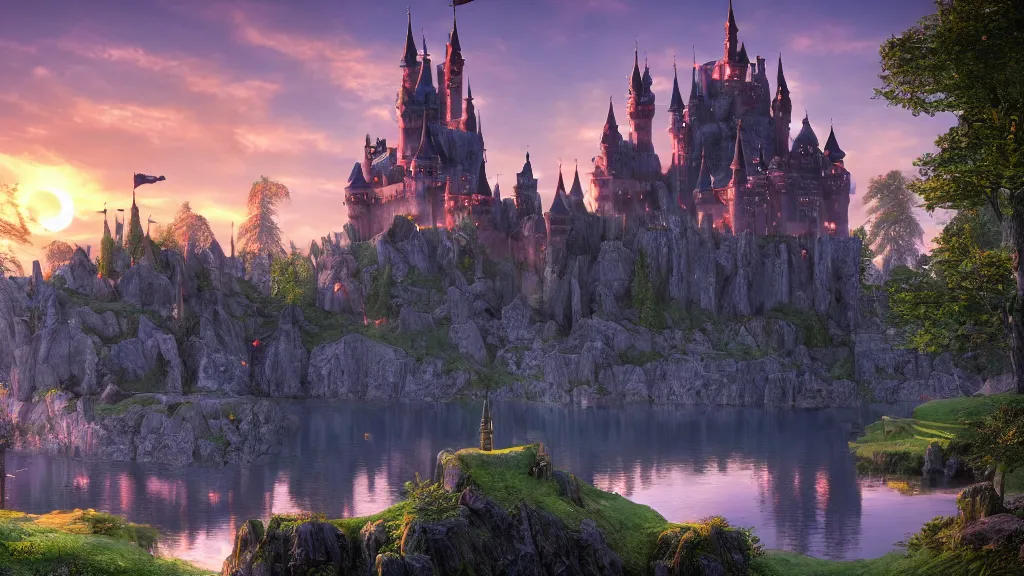 Image similar to fantasy castle with lake in sunset by mark adamus, fantasy artwork, very very very beautiful scenery, hd, hdr, ue5, ue6, unreal engine 5, cinematic 4k wallpaper, 8k, ultra detailed, high resolution, artstation, award winning