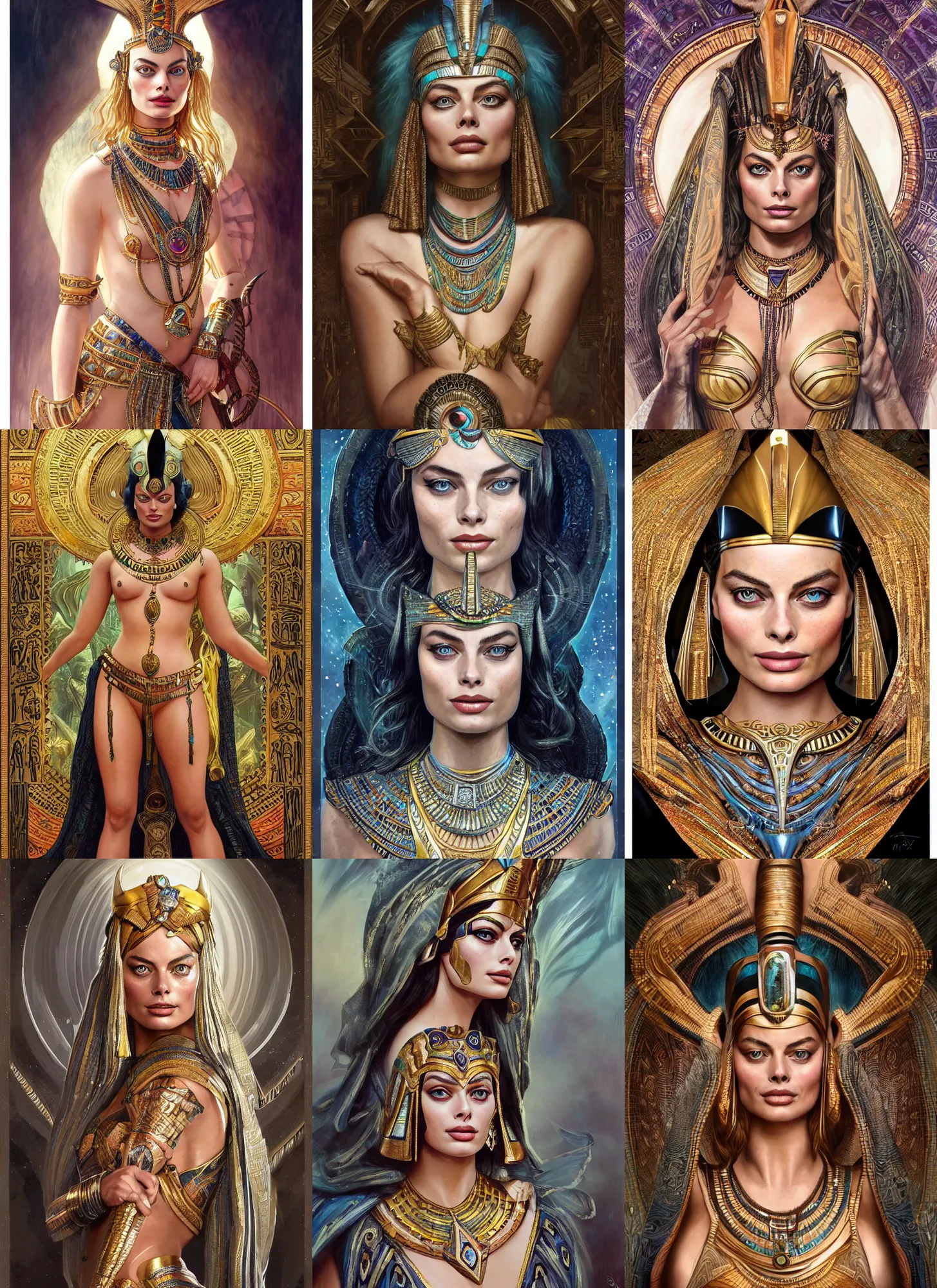 Prompt: Margot Robbie as an Egyptian Goddess, cute, fantasy, intricate, elegant, highly detailed, digital painting, 4k, HDR, concept art, detailed jewelry, smooth, sharp focus, head and waist potrait, art by Artgerm and H R Giger and Greg Rutkowski and Alphonse Mucha