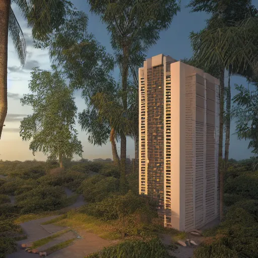 Prompt: A brutalist tower in the middle of a tropical jungle, blue hour, by Jan Morek and Shiromio Srudio, octane render, ArchViz, 4k, detailed