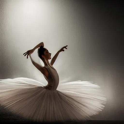 Image similar to full body pose, hyperrealistic photograph of stunning ballerina, dim volumetric lighting, 8 k, octane beautifully detailed render, extremely hyper detailed, intricate, epic composition, cinematic lighting, masterpiece, trending on artstation, very very detailed, stunning, hdr, smooth, sharp focus, high resolution, award, winning photo, dslr, 5 0 mm