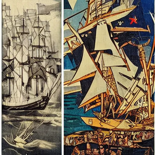 Prompt: a very chaotic naval battle, pirate and medieval ship, colored woodcut, poster art, by Mackintosh, art noveau, by Ernst Haeckel, by Tamara de Lempicka