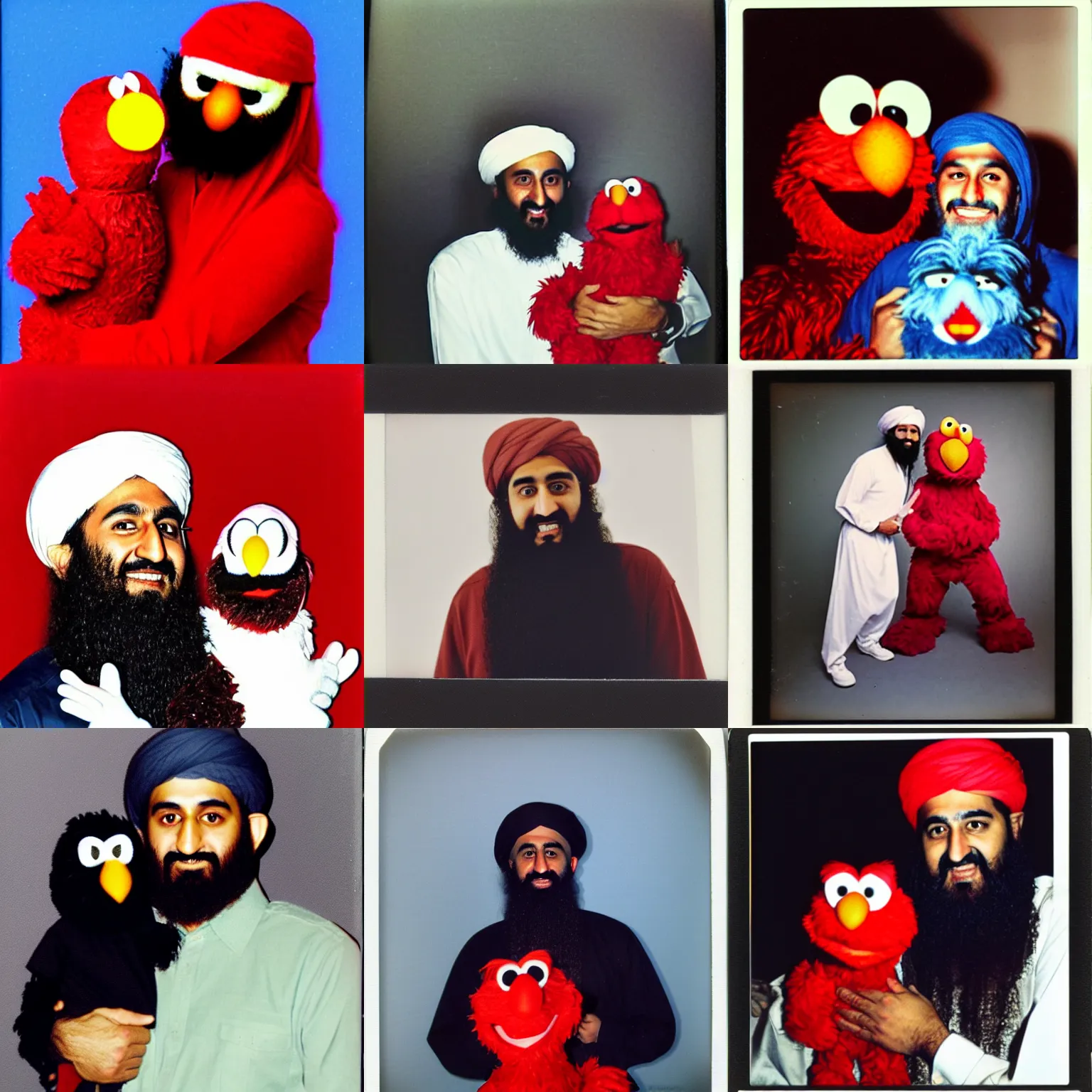 Prompt: polaroid photo of osama bin laden posing with elmo