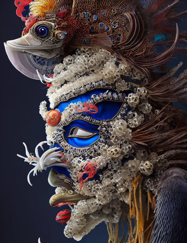 Image similar to 3 d shaman in venetian mask close - up profile portrait. beautiful intricately detailed japanese crow kitsune mask and clasical japanese kimono. betta fish, jellyfish phoenix, bio luminescent, plasma, ice, water, wind, creature, artwork by tooth wu and wlop and beeple and greg rutkowski