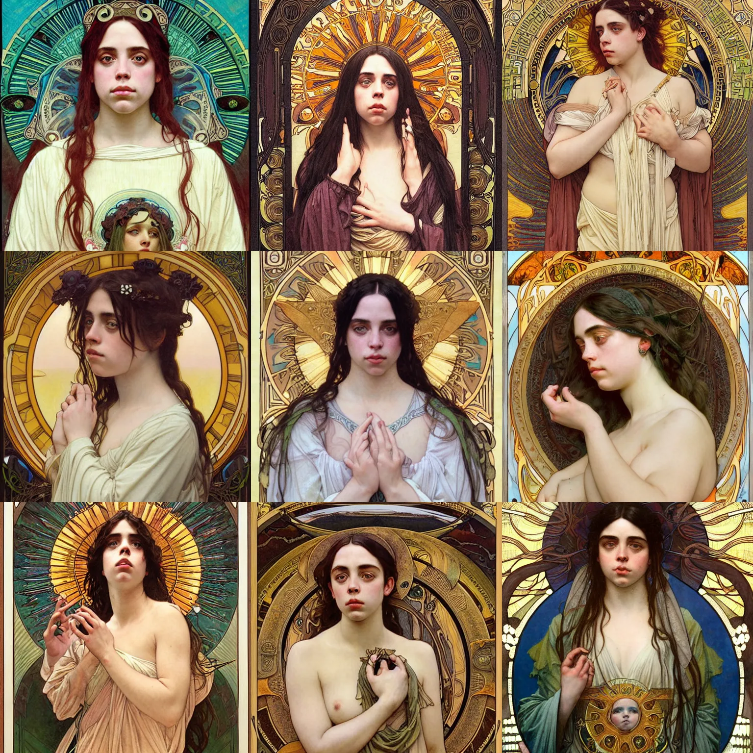 Prompt: detailed portrait art nouveau painting of Billie Eilish as the goddess of the sun, with anxious, piercing eyes, by Alphonse Mucha, Michael Whelan, William Adolphe Bouguereau, John Williams Waterhouse, and Donato Giancola