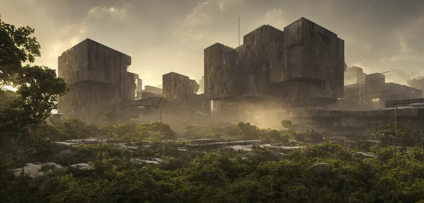 Image similar to brutalist architecture, surrounded by lush green vegetation, stunning volumetric lighting, sunset, metal, concrete, translucent material, scattered rubbish and debris, stunning skies, 8k, photorealistic, hyper detailed, unreal engine 5, IMAX quality, cinematic, epic lighting, digital painting in the style of DOOM, by Greg Rutkowski, trending on Artstation