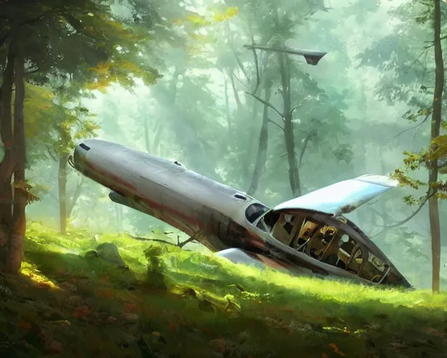 Image similar to a crashed airplane in a forest. By Makoto Shinkai, Stanley Artgerm Lau, WLOP, Rossdraws, James Jean, Andrei Riabovitchev, Marc Simonetti, krenz cushart, Sakimichan, trending on ArtStation, digital art.