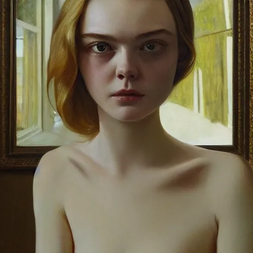 Image similar to a striking hyper real oil painting of Elle Fanning with cybernetics by Andrew Wyeth