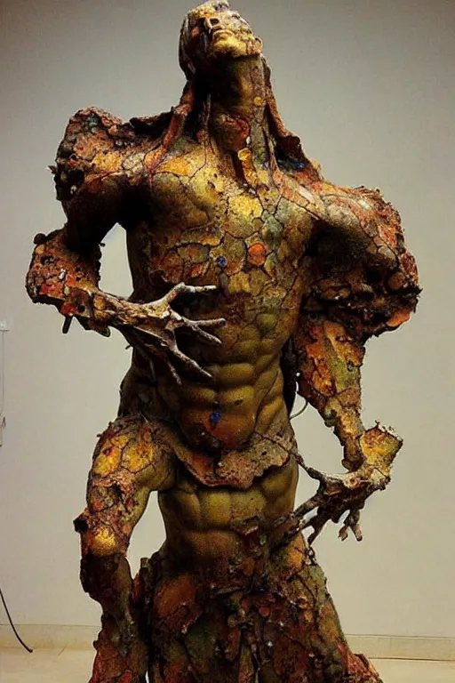 Prompt: realistic detailed statue full body of the vallyrian golem made with marble and with stained rust golden wings, cracked body full of scars, made by Karol Bak, Mark Brooks and Bernini. Rich colors. Beksinski and painting. Masterpiece