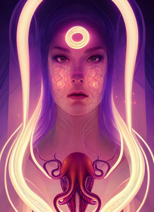 Image similar to symmetry portrait of ursula, octopus, glowing lights, intricate, elegant, highly detailed, digital painting, artstation, concept art, smooth, sharp focus, illustration, art by artgerm and greg rutkowski and alphonse mucha