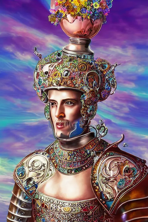 Prompt: pearlescent retrofuturistic digital airbrush illustration of a knight wearing an ornate chrome headpiece and holding a flower with a landscape and sky in the background by luigi patrignani