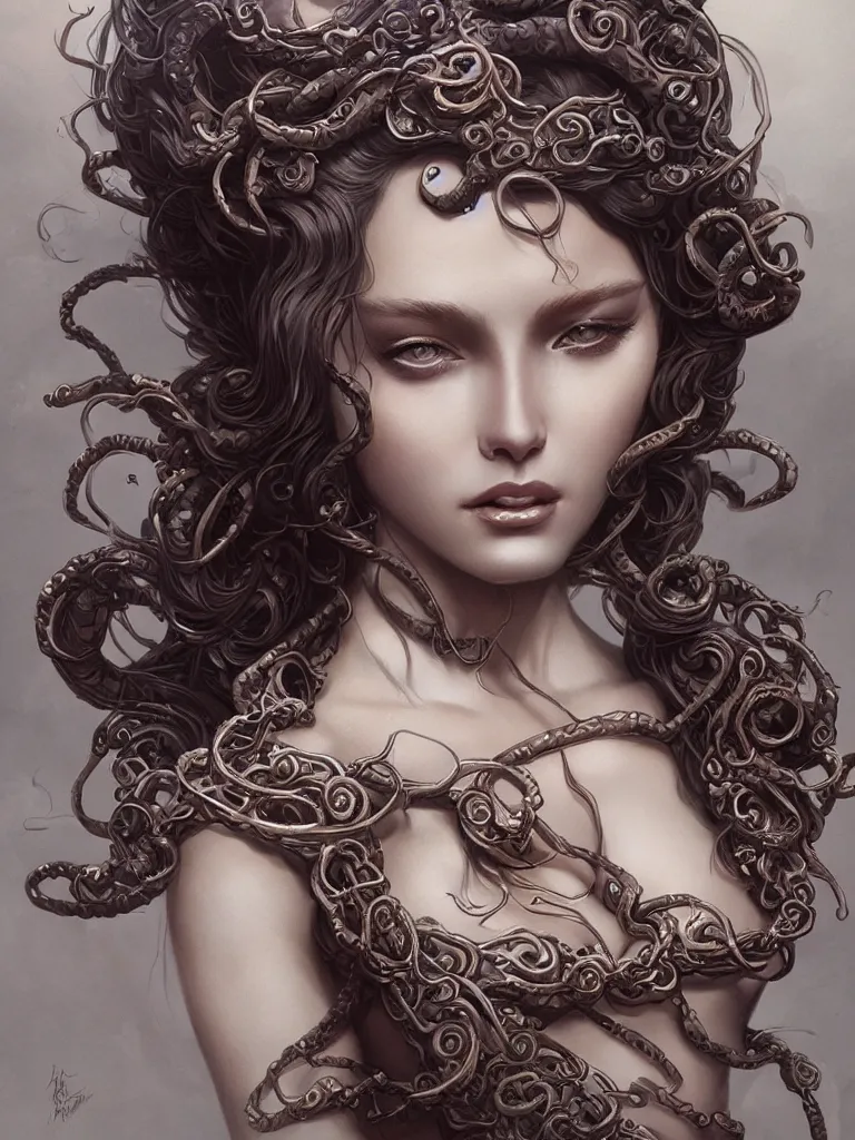 Image similar to desirable medusa, fantasy, intricate, elegant, highly detailed, digital painting, artstation, concept art, matte, sharp focus, illustration, art by artgerm and Greg Rutkowski