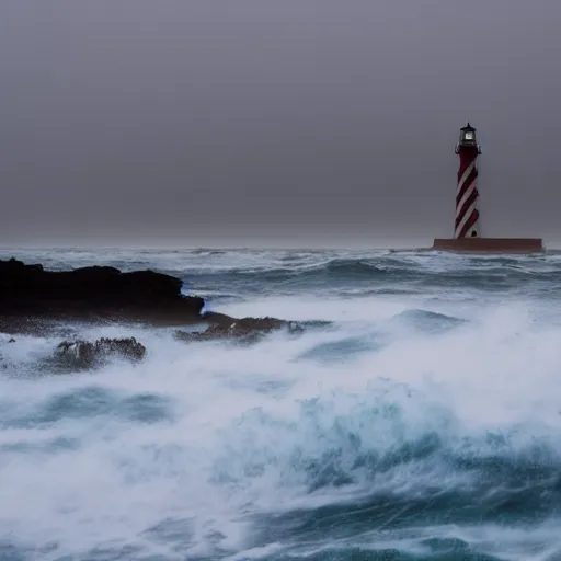 Prompt: stormy ocean at night, lighthouse in the background concealed by fog