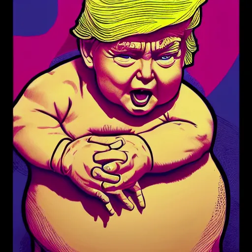Image similar to chubby baby donald trump, high details, bold line art, by vincent di fate and joe fenton, inking, etching, screen print, masterpiece, trending on artstation, sharp, high contrast, hyper - detailed, hd, 4 k, 8 k