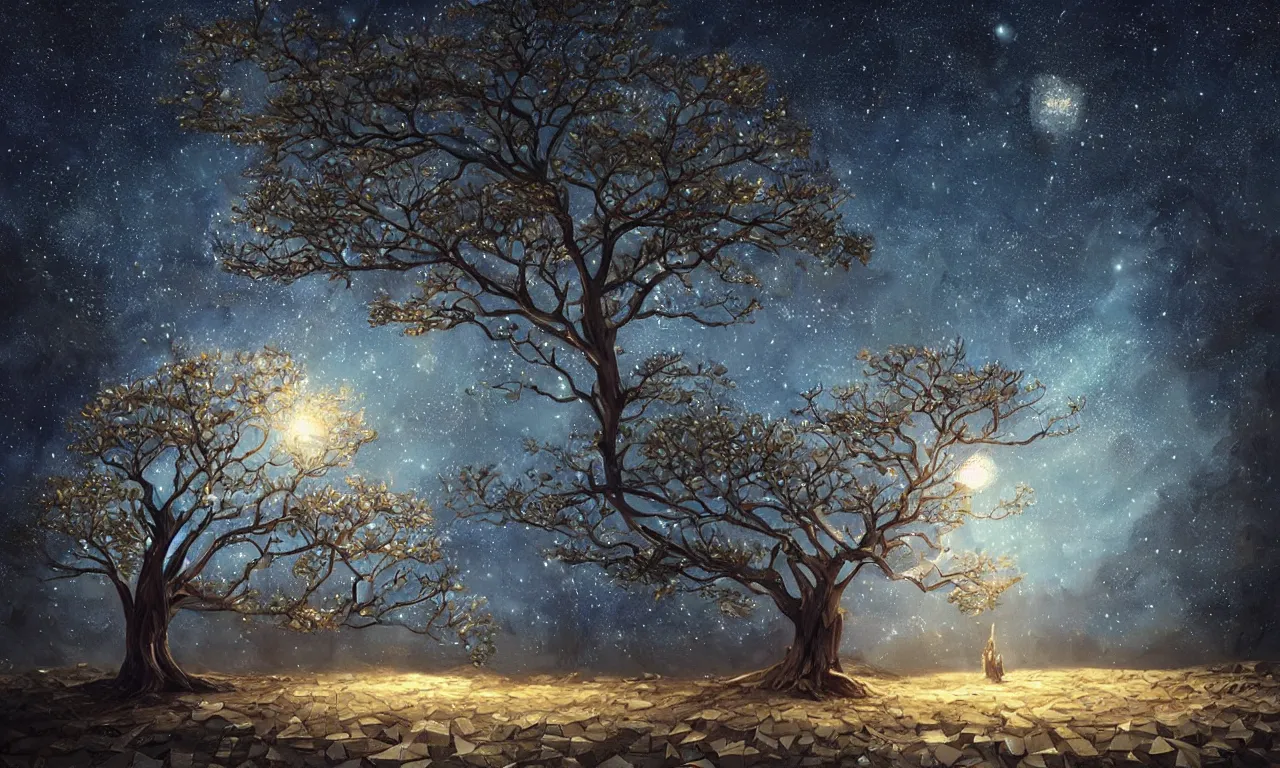 Image similar to a beautiful artwork of a tree with low poly crystal diamond leaves, starry night sky, translucid, pretty lights, pristine marble trunk, elegant, highly detailed, artstation, concept art, matte, sharp focus, art by tom bagshaw, kelogsloops and greg rutkowski