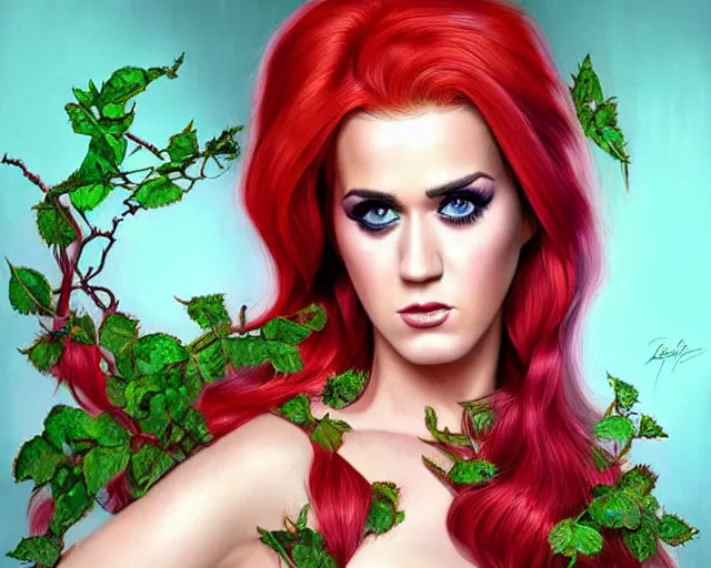 Image similar to hyper - realistic digital art, katy perry as a poison ivy, intense fan art, perfectly detailed, perfect human figure, comic book cover art, sharp, smooth, ultra fine detail, art by artgerm, wlop, rutkowski
