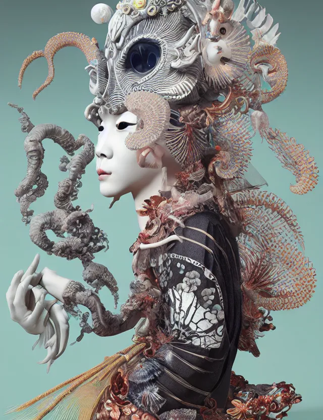 Image similar to 3 d goddess bottom - up with ram skull. beautiful intricately detailed japanese crow kitsune mask and clasical japanese kimono. betta fish, jellyfish phoenix, bio luminescent, plasma, ice, water, wind, creature, artwork by tooth wu and wlop and beeple and greg rutkowski