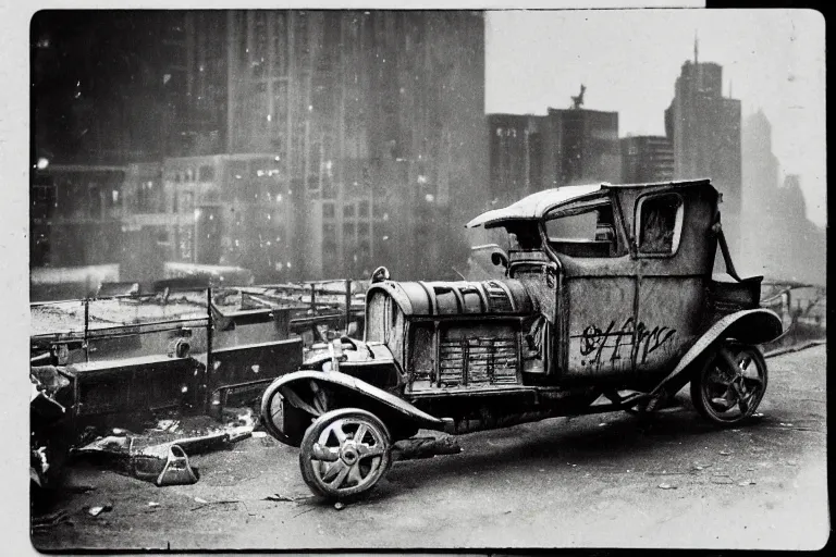 Prompt: cyberpunk 1 9 0 8 model ford t by paul lehr, jesper esjing, metropolis, view over city, vintage film photo, damaged photo, scratched photo, scanned in, old photobook, silent movie, black and white photo