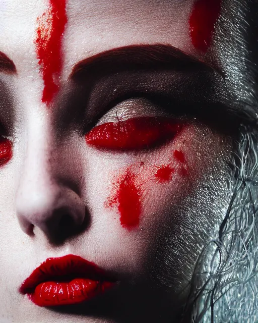 Prompt: portrait of a woman, detailed close - up, skin scars, high sharpness, zeiss lens, retro photoshoot, smoke black, red hair, snakes, red lipstick, palaroid effect, edward buba, annie leibovitz, paolo roversi, david lazar, jimmy nelsson, eiko hosoe, artistic, hyperrealistic, beautiful face, octane rendering
