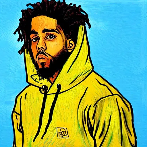 Prompt: portrait of rapper j cole in hoodie in the style of vincent van gogh, colorful, artistic, vibrant, high fashion, photorealistic art