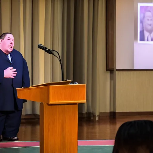 Image similar to professional photograph of an obese ugly white man wearing a mao suit speaking on a podium in an indoor setting, highly detailed, highly intricate, 8k,