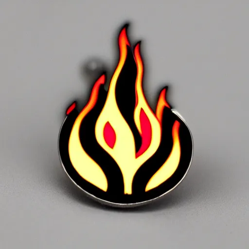 Image similar to a diamond enamel pin depicting a retro minimalistic clean fire flames warning label, smooth curves