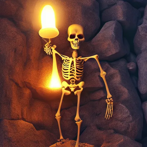 Image similar to a skeleton holding a latern in cave, hyper detailed, high quality, 8k, fantasy