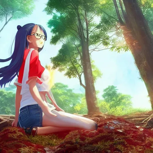 Prompt: nagatoro using white and red tight raglan sleeves, tight blue jeans and cool shoes in a tropical forest, epic fire ombre hair, artstation, 3 d ray tracing, lumen octane render flawless masterpiece