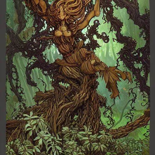 Image similar to anthropomorphic tangle of vines and plant matter. this fantasy creature guards the woods from unwary travelers. similar to a treant or forest spirit. By rebecca guay, by terese nielsen, by aaron miller, by kieran yanner. trending on artstation. 4k resolution.