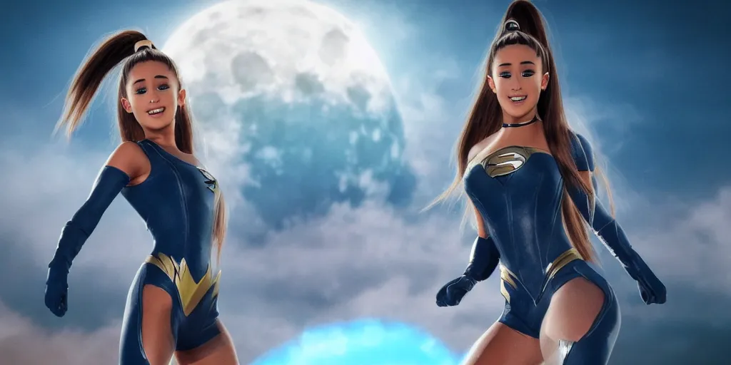 Prompt: a realistic film render ultra detailed from Ariana Grande as a superhero with sing powers and speedster dougther by Waya Steurbaut, full body camera shot, photo realistic, cinematic, nigt, moon ligth, full scene shot