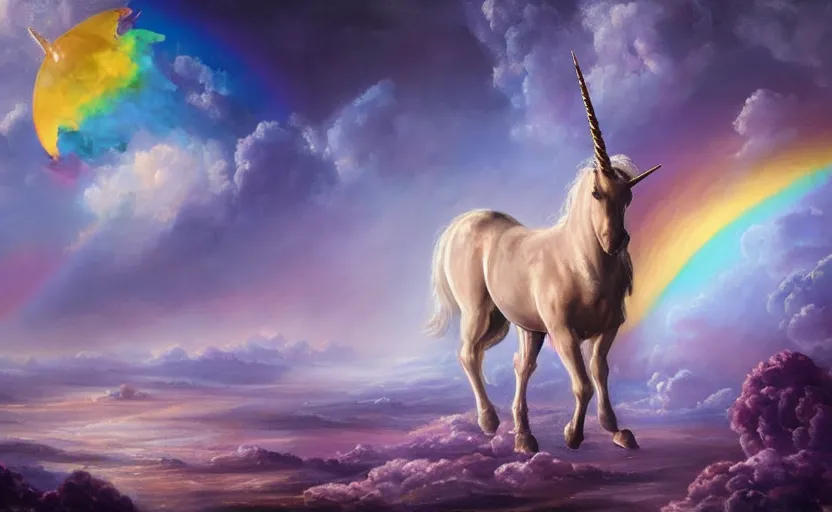 Image similar to an oil painting of a unicorn walking on an rainbow in space, masterpiece, highly detailed, high quality, 4K, anatomically correct, hyperrealistic, concept art, octane render, unreal engine 5, trending on Artstation, trending on DeviantArt, matte, historical painting, fantasy style, path traced, high coherence, soft lighting, digital painting, mythical