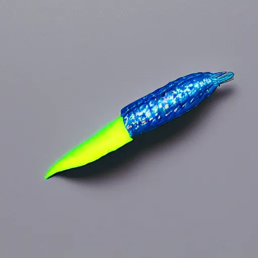 Image similar to studio photograph of a matte dark gray worm with a neon blue head and tail