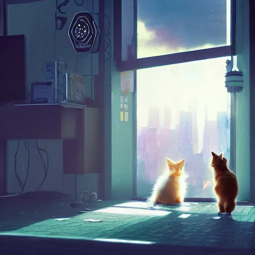 Image similar to Big european shorthair cat and small fluffy kitten from the back in the apartment room looking to window in a cyberpunk city, soft god rays from city lights outside the window, unreal engine 5, soft neon atmosphere, photorealistic, soothing colors, somber melancholic matte painting, hyperrealism, hyperrealistic, cinematic masterpiece, cyberpunk style 8k ultrahd octane render